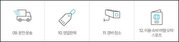 09 운전 · 운송
10 영업판매
11 경비 · 청소
12 이용 · 숙박 · 여행 · 오락 · 스포츠